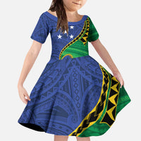 Solomon Islands Independence Day 1978 Personalised Family Matching Off The Shoulder Long Sleeve Dress and Hawaiian Shirt Polynesian Pattern with Flag Style LT9 Daughter's Dress Blue - Polynesian Pride