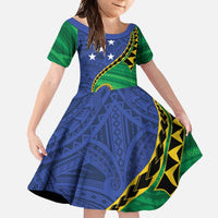 Solomon Islands Independence Day 1978 Personalised Family Matching Off Shoulder Maxi Dress and Hawaiian Shirt Polynesian Pattern with Flag Style LT9 Daughter's Dress Blue - Polynesian Pride