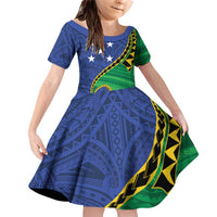 Solomon Islands Independence Day 1978 Personalised Family Matching Off Shoulder Short Dress and Hawaiian Shirt Polynesian Pattern with Flag Style LT9 Daughter's Dress Blue - Polynesian Pride