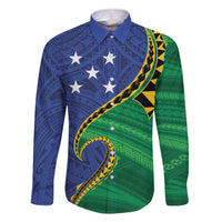Solomon Islands Independence Day 1978 Personalised Family Matching Short Sleeve Bodycon Dress and Hawaiian Shirt Polynesian Pattern with Flag Style LT9 Dad's Shirt - Long Sleeve Blue - Polynesian Pride
