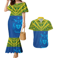 Solomon Islands Rugby Custom Couples Matching Mermaid Dress and Hawaiian Shirt Simple Coat of arm Polynesian Pattern LT9 Gold - Polynesian Pride