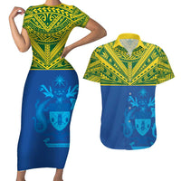 Solomon Islands Rugby Custom Couples Matching Short Sleeve Bodycon Dress and Hawaiian Shirt Simple Coat of arm Polynesian Pattern LT9 Gold - Polynesian Pride