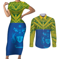 Solomon Islands Rugby Custom Couples Matching Short Sleeve Bodycon Dress and Long Sleeve Button Shirt Simple Coat of arm Polynesian Pattern LT9 Gold - Polynesian Pride