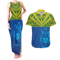 Solomon Islands Rugby Custom Couples Matching Tank Maxi Dress and Hawaiian Shirt Simple Coat of arm Polynesian Pattern LT9 Gold - Polynesian Pride