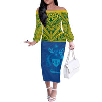 Solomon Islands Rugby Custom Family Matching Off The Shoulder Long Sleeve Dress and Hawaiian Shirt Simple Coat of arm Polynesian Pattern LT9 Mom's Dress Gold - Polynesian Pride