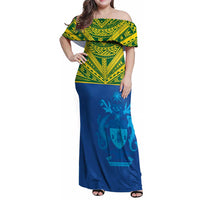 Solomon Islands Rugby Custom Family Matching Off Shoulder Maxi Dress and Hawaiian Shirt Simple Coat of arm Polynesian Pattern LT9 Mom's Dress Gold - Polynesian Pride