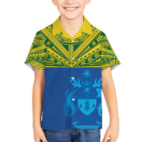 Solomon Islands Rugby Custom Family Matching Tank Maxi Dress and Hawaiian Shirt Simple Coat of arm Polynesian Pattern LT9 Son's Shirt Gold - Polynesian Pride