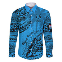 Fiji Rugby Family Matching Off Shoulder Long Sleeve Dress and Hawaiian Shirt Kaiviti Fijian Tribal World Cup Blue No1 LT9 Dad's Shirt - Long Sleeve Blue - Polynesian Pride