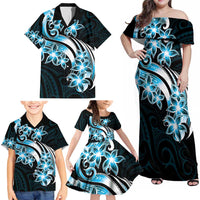 Plumeria Tribal Tattoo Family Matching Off Shoulder Maxi Dress and Hawaiian Shirt Blue Polynesian Pattern LT9 - Polynesian Pride