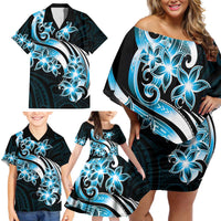 Plumeria Tribal Tattoo Family Matching Off Shoulder Short Dress and Hawaiian Shirt Blue Polynesian Pattern LT9 - Polynesian Pride