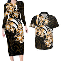 Plumeria Tribal Tattoo Couples Matching Long Sleeve Bodycon Dress and Hawaiian Shirt Gold Polynesian Pattern LT9 Gold - Polynesian Pride
