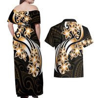 Plumeria Tribal Tattoo Couples Matching Off Shoulder Maxi Dress and Hawaiian Shirt Gold Polynesian Pattern LT9 - Polynesian Pride