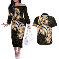 Plumeria Tribal Tattoo Couples Matching Off The Shoulder Long Sleeve Dress and Hawaiian Shirt Gold Polynesian Pattern LT9 Gold - Polynesian Pride