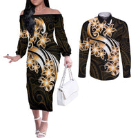 Plumeria Tribal Tattoo Couples Matching Off The Shoulder Long Sleeve Dress and Long Sleeve Button Shirt Gold Polynesian Pattern LT9 Gold - Polynesian Pride