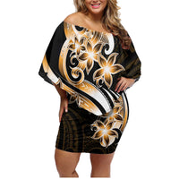 Plumeria Tribal Tattoo Family Matching Off Shoulder Short Dress and Hawaiian Shirt Gold Polynesian Pattern LT9 Mom's Dress Gold - Polynesian Pride