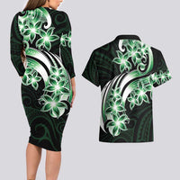 Plumeria Tribal Tattoo Couples Matching Long Sleeve Bodycon Dress and Hawaiian Shirt Green Polynesian Pattern LT9 - Polynesian Pride