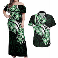Plumeria Tribal Tattoo Couples Matching Off Shoulder Maxi Dress and Hawaiian Shirt Green Polynesian Pattern LT9 Green - Polynesian Pride