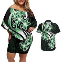Plumeria Tribal Tattoo Couples Matching Off Shoulder Short Dress and Hawaiian Shirt Green Polynesian Pattern LT9 Green - Polynesian Pride