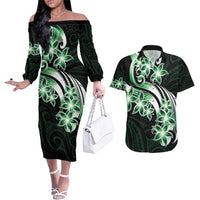 Plumeria Tribal Tattoo Couples Matching Off The Shoulder Long Sleeve Dress and Hawaiian Shirt Green Polynesian Pattern LT9 Green - Polynesian Pride