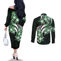 Plumeria Tribal Tattoo Couples Matching Off The Shoulder Long Sleeve Dress and Long Sleeve Button Shirt Green Polynesian Pattern LT9 - Polynesian Pride