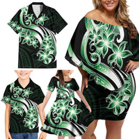 Plumeria Tribal Tattoo Family Matching Off Shoulder Short Dress and Hawaiian Shirt Green Polynesian Pattern LT9 - Polynesian Pride
