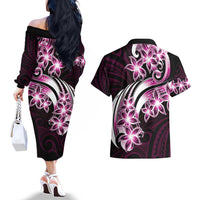 Plumeria Tribal Tattoo Couples Matching Off The Shoulder Long Sleeve Dress and Hawaiian Shirt Pink Polynesian Pattern LT9 - Polynesian Pride