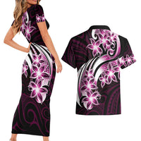 Plumeria Tribal Tattoo Couples Matching Short Sleeve Bodycon Dress and Hawaiian Shirt Pink Polynesian Pattern LT9 - Polynesian Pride