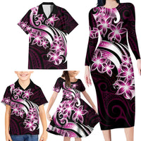 Plumeria Tribal Tattoo Family Matching Long Sleeve Bodycon Dress and Hawaiian Shirt Pink Polynesian Pattern LT9 - Polynesian Pride
