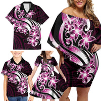 Plumeria Tribal Tattoo Family Matching Off Shoulder Short Dress and Hawaiian Shirt Pink Polynesian Pattern LT9 - Polynesian Pride