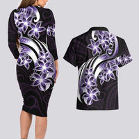 Plumeria Tribal Tattoo Couples Matching Long Sleeve Bodycon Dress and Hawaiian Shirt Purple Polynesian Pattern LT9 - Polynesian Pride
