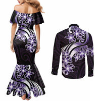 Plumeria Tribal Tattoo Couples Matching Mermaid Dress and Long Sleeve Button Shirt Purple Polynesian Pattern LT9 - Polynesian Pride