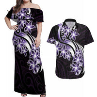 Plumeria Tribal Tattoo Couples Matching Off Shoulder Maxi Dress and Hawaiian Shirt Purple Polynesian Pattern LT9 Purple - Polynesian Pride