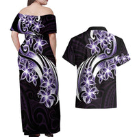 Plumeria Tribal Tattoo Couples Matching Off Shoulder Maxi Dress and Hawaiian Shirt Purple Polynesian Pattern LT9 - Polynesian Pride