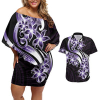 Plumeria Tribal Tattoo Couples Matching Off Shoulder Short Dress and Hawaiian Shirt Purple Polynesian Pattern LT9 Purple - Polynesian Pride