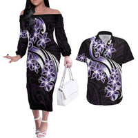 Plumeria Tribal Tattoo Couples Matching Off The Shoulder Long Sleeve Dress and Hawaiian Shirt Purple Polynesian Pattern LT9 Purple - Polynesian Pride
