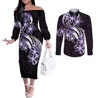 Plumeria Tribal Tattoo Couples Matching Off The Shoulder Long Sleeve Dress and Long Sleeve Button Shirt Purple Polynesian Pattern LT9 Purple - Polynesian Pride