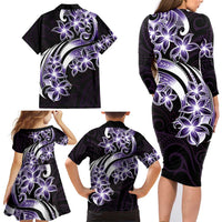 Plumeria Tribal Tattoo Family Matching Long Sleeve Bodycon Dress and Hawaiian Shirt Purple Polynesian Pattern LT9 - Polynesian Pride