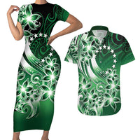 Cook Islands Tattoo Couples Matching Short Sleeve Bodycon Dress and Hawaiian Shirt Plumeria Polynesian Pattern LT9 Green - Polynesian Pride
