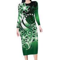 Cook Islands Tattoo Family Matching Long Sleeve Bodycon Dress and Hawaiian Shirt Plumeria Polynesian Pattern LT9 Mom's Dress Green - Polynesian Pride