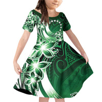 Cook Islands Tattoo Family Matching Off Shoulder Short Dress and Hawaiian Shirt Plumeria Polynesian Pattern LT9 Daughter's Dress Green - Polynesian Pride