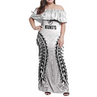 World Rugby Cook Islands Family Matching Off Shoulder Maxi Dress and Hawaiian Shirt Kukis Make History LT9 Mom's Dress White - Polynesian Pride