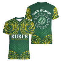 World Rugby Cook Islands Women V-Neck T-Shirt Green Polynesian Tribal Pattern - Polynesian Pride