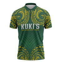 World Rugby Cook Islands Zipper Polo Shirt Green Polynesian Tribal Pattern - Polynesian Pride