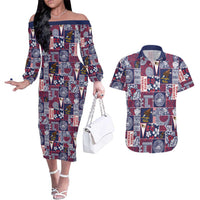 Manuia le Kerisimasi American Samoa Couples Matching Off The Shoulder Long Sleeve Dress and Hawaiian Shirt Pacific Patchwork Xmas Vibes LT9 Blue - Polynesian Pride