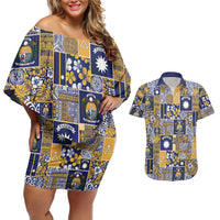 Ekamawir omo Nauru Couples Matching Off Shoulder Short Dress and Hawaiian Shirt Pacific Patchwork Xmas Vibes - Polynesian Pride