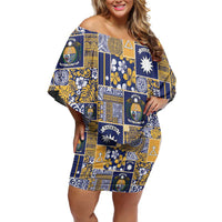Ekamawir omo Nauru Family Matching Off Shoulder Short Dress and Hawaiian Shirt Pacific Patchwork Xmas Vibes LT9 Mom's Dress Blue - Polynesian Pride