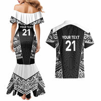 New Zealand Black Fern Custom Couples Matching Mermaid Dress and Hawaiian Shirt Maori Tukutuku Black-white Motif
