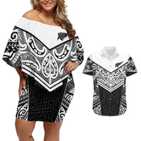 New Zealand Black Fern Custom Couples Matching Off Shoulder Short Dress and Hawaiian Shirt Maori Tukutuku Black-white Motif