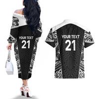 New Zealand Black Fern Custom Couples Matching Off The Shoulder Long Sleeve Dress and Hawaiian Shirt Maori Tukutuku Black-white Motif