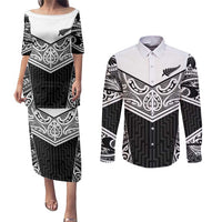 New Zealand Black Fern Custom Couples Matching Puletasi and Long Sleeve Button Shirt Maori Tukutuku Black-white Motif